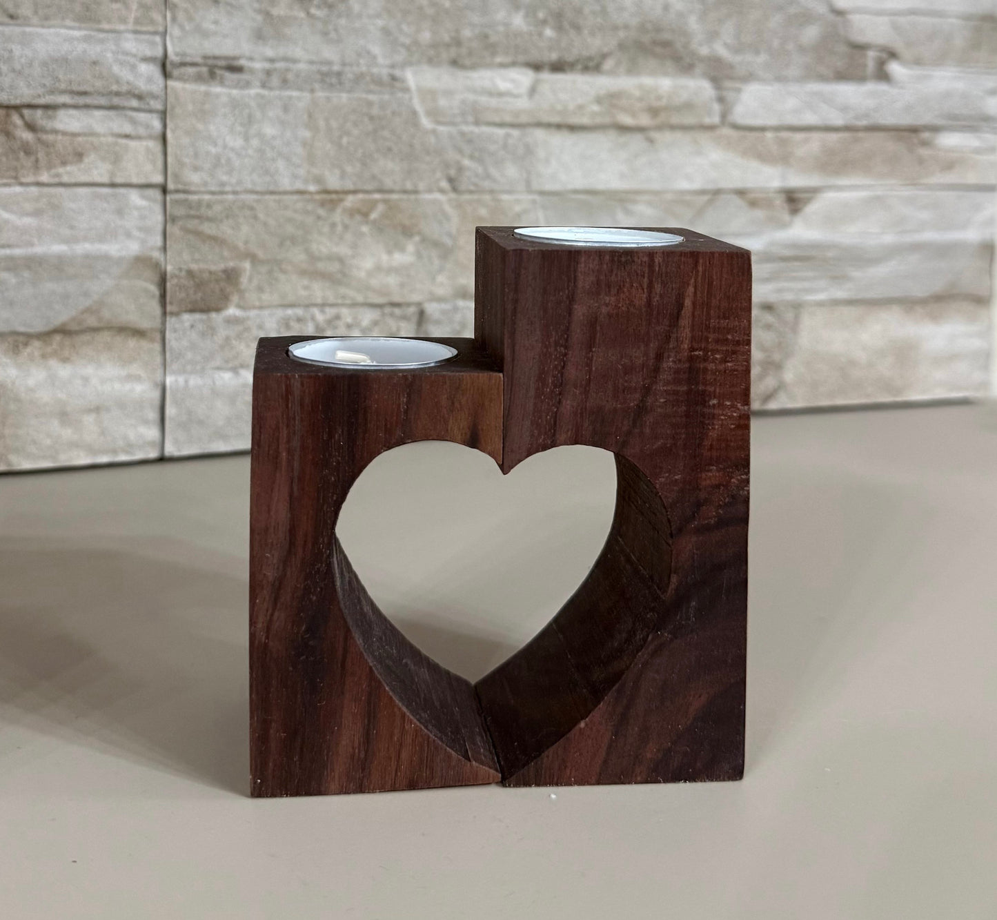 Portacandele in legno con cuore – personalizzabile scuro